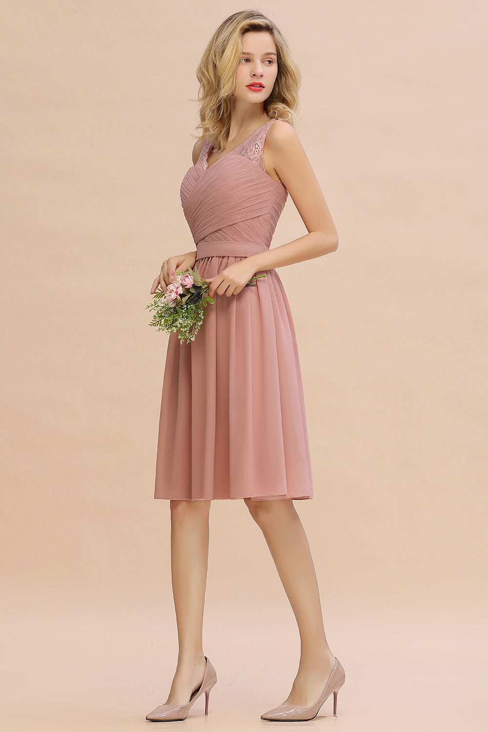 Affordable V-Neck Sleeveless Ruffles Short Lace Bridesmaid dresses - Fashionpara