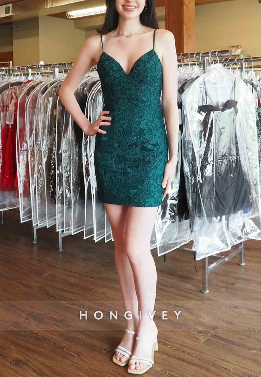 Embroidery Spaghetti Straps Tie Back V-Neck Sleeveless Mini Homecoming Dresses