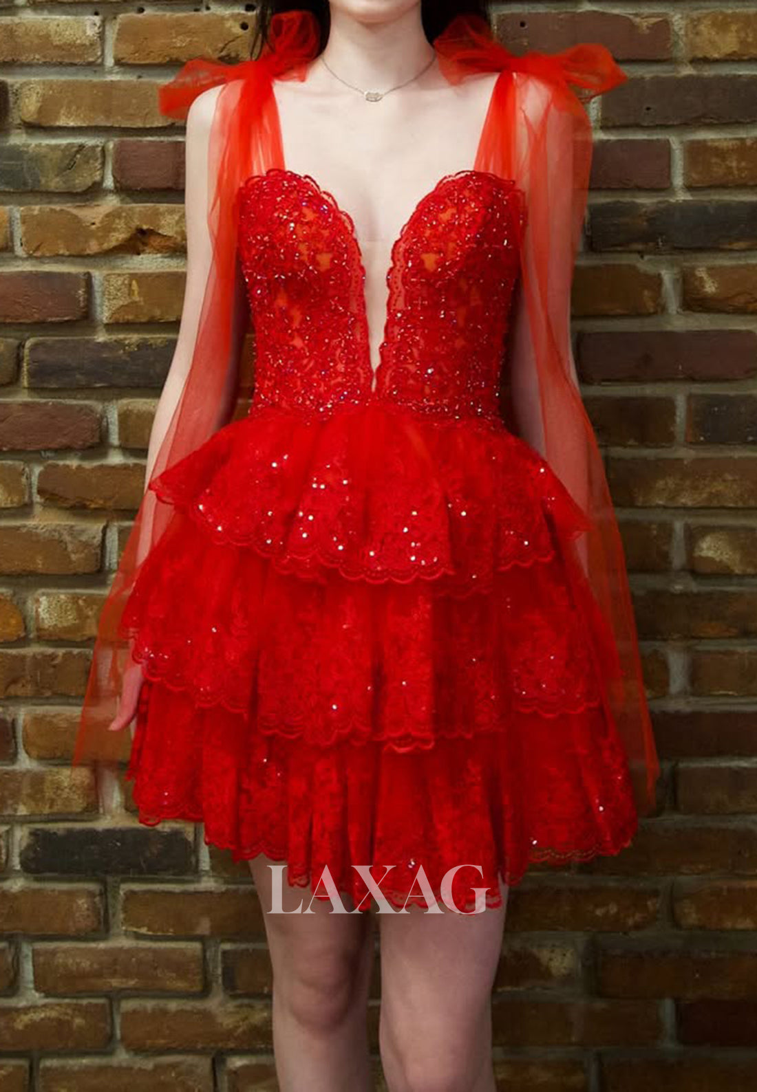 Deep V-Neck Sleeveless Beaded Applique Pleated Tulle Tiered A-Line Party Homecoming Dress