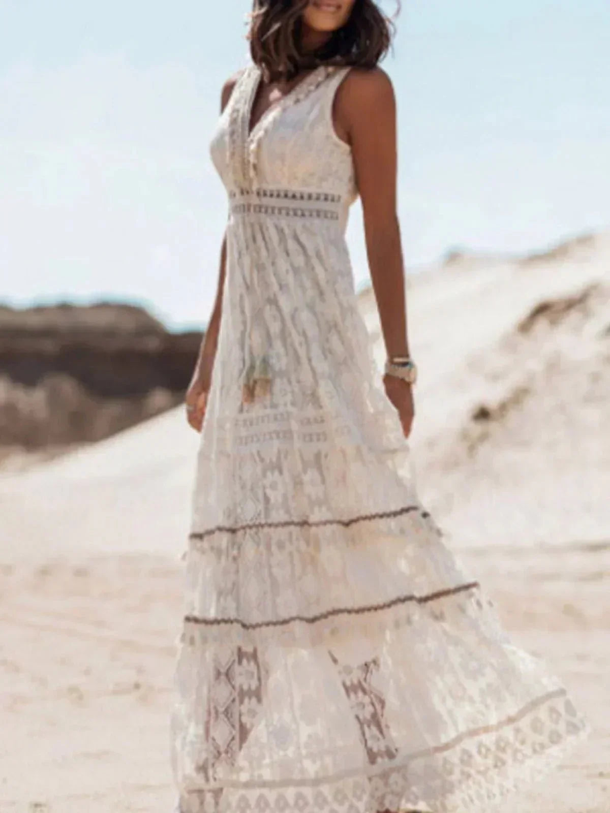 Lace Crochet Deep V-Neck Tassel Trim High Split Maxi Dress - View 3