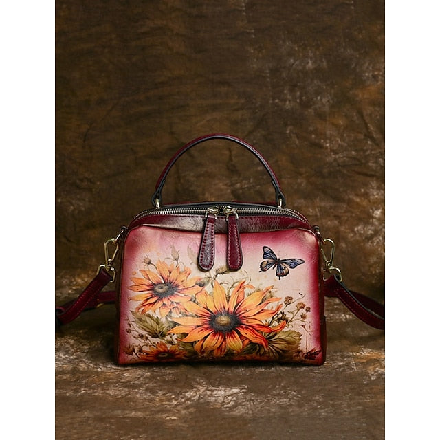 Sunflower Print Vintage with Handbag Leather and Butterfly