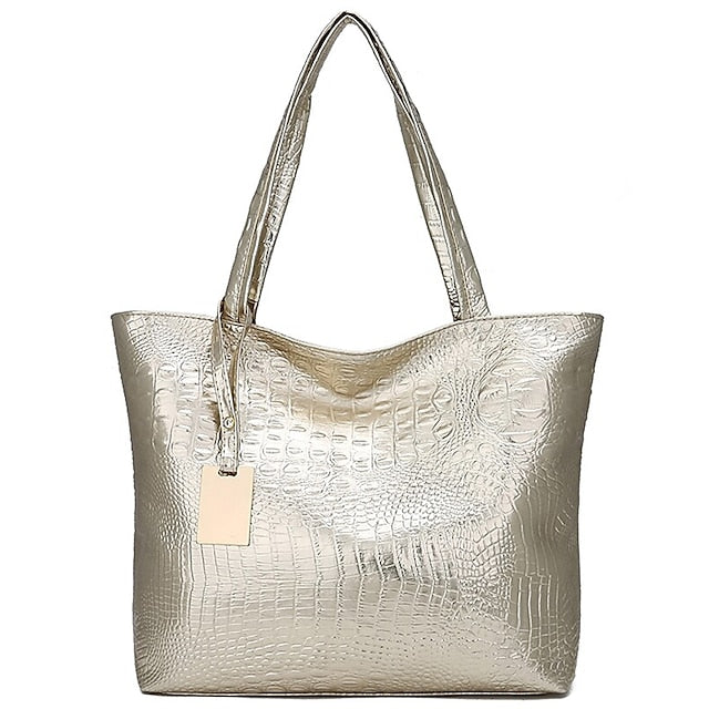 Bag Faux Large Tote Embossed Croc Silver Capacity