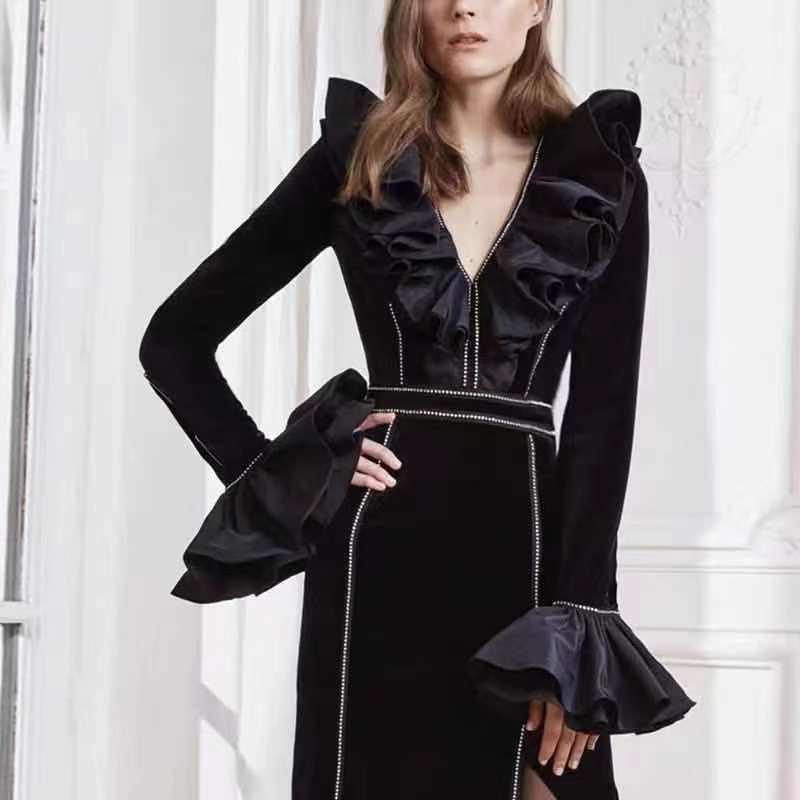 Velvet V-Neck Long Sleeve Ruffle High Slit Gown