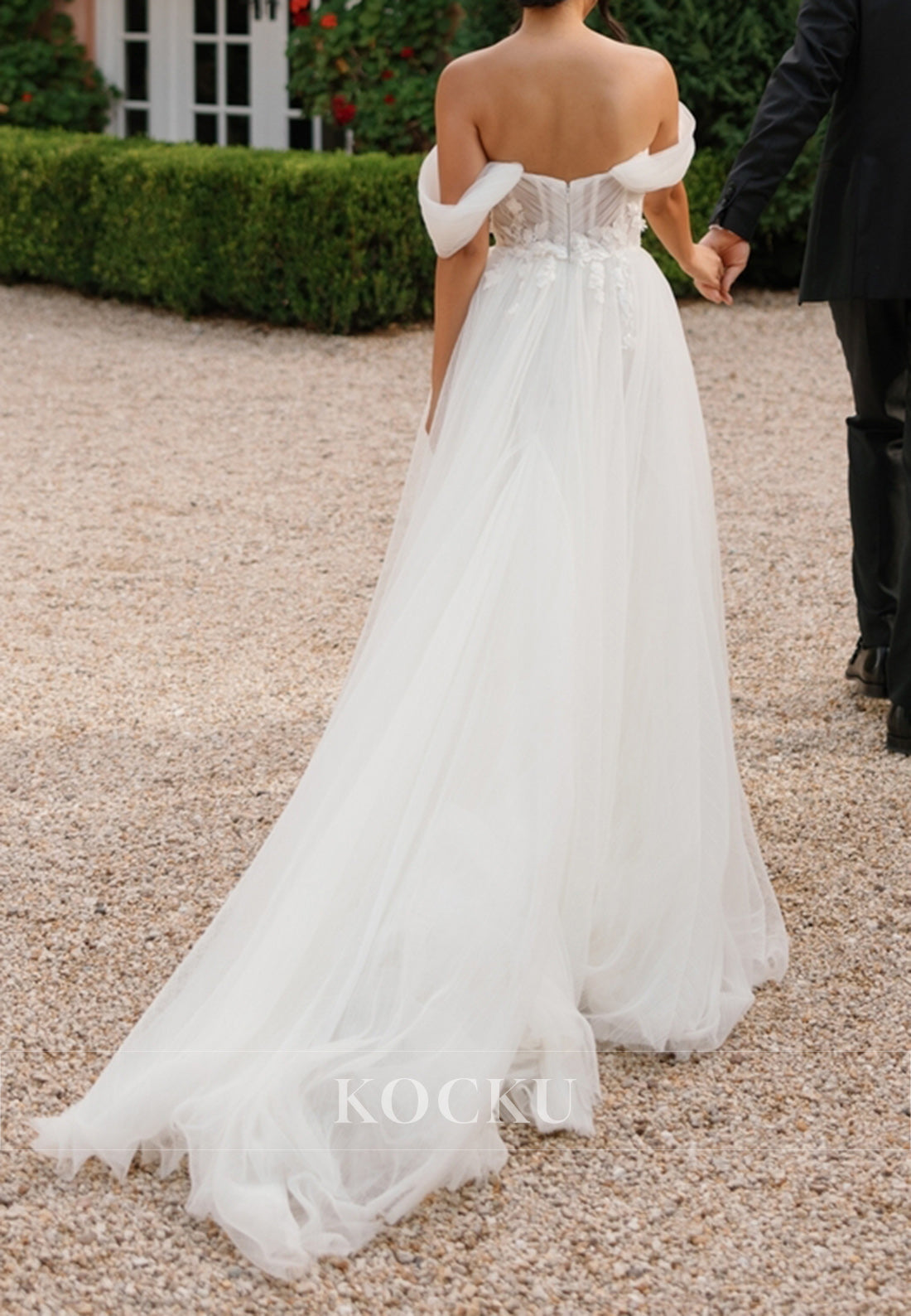Off - Shoulder Wide Strap Tulle Wedding Dress with Floral Appliqués & Train