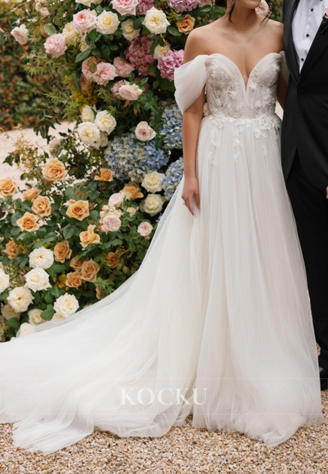 Off - Shoulder Wide Strap Tulle Wedding Dress with Floral Appliqués & Train