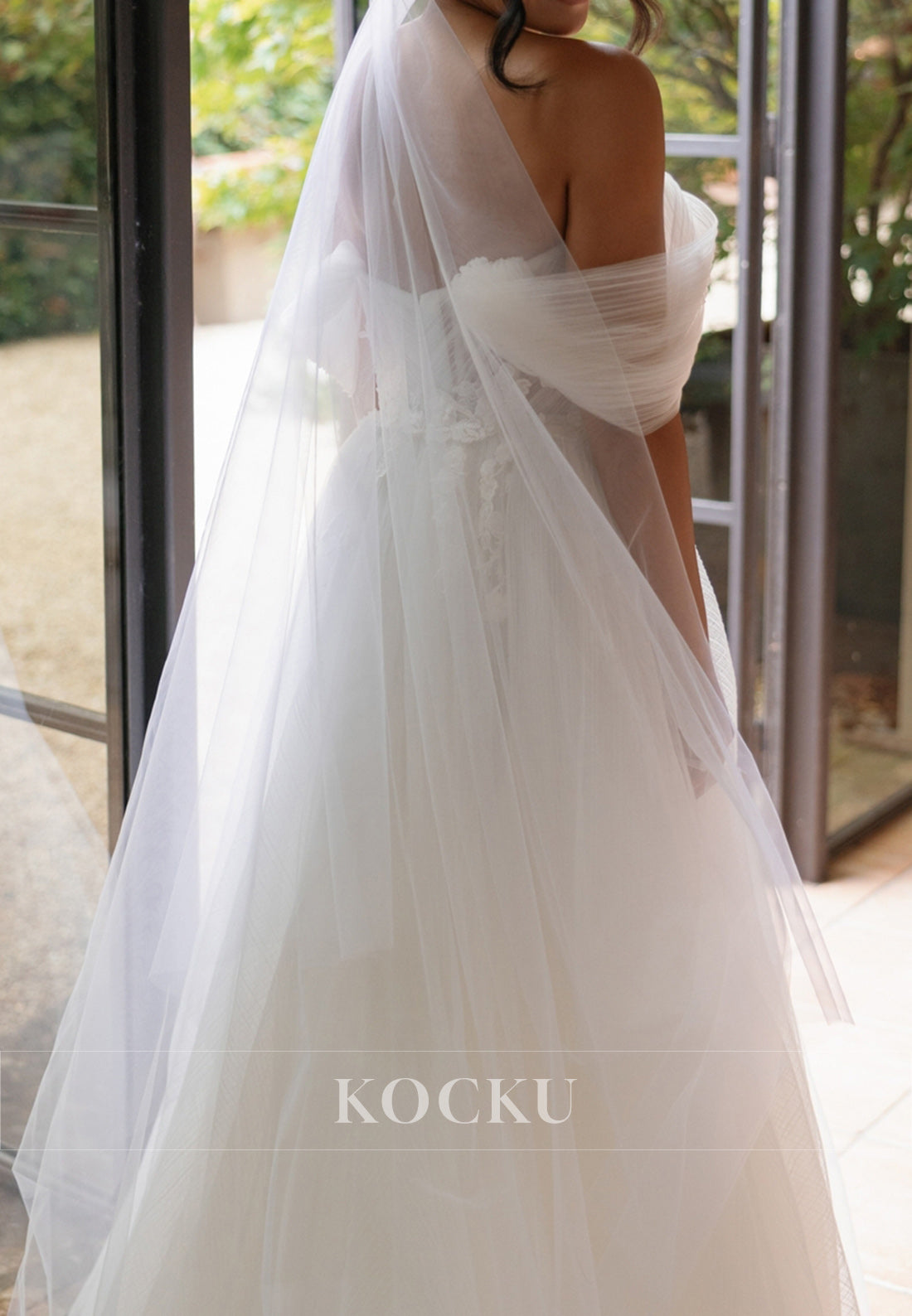 Off - Shoulder Wide Strap Tulle Wedding Dress with Floral Appliqués & Train