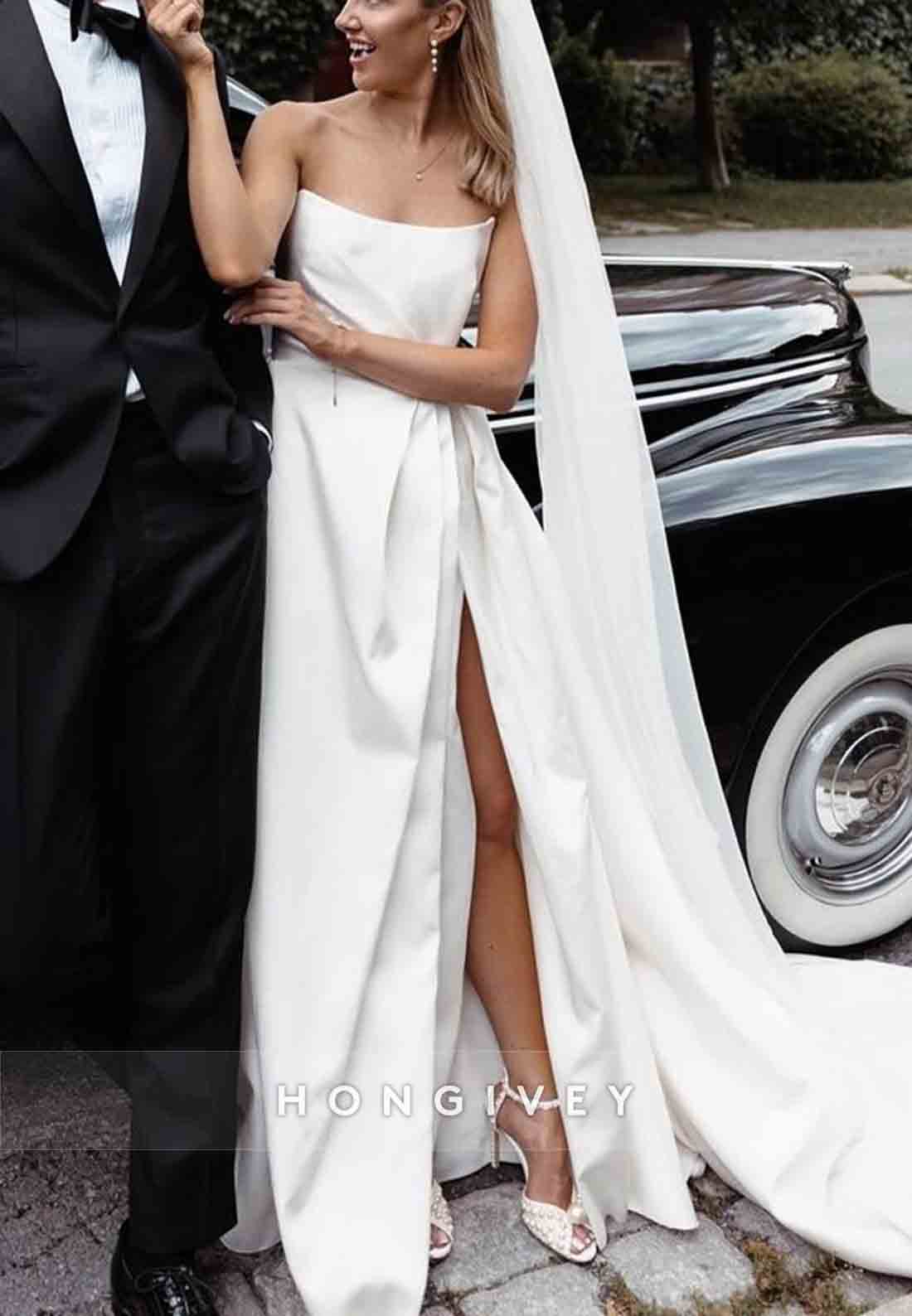 High Slit Satin Pleated A-line Court Train Strapless Wedding Dresses