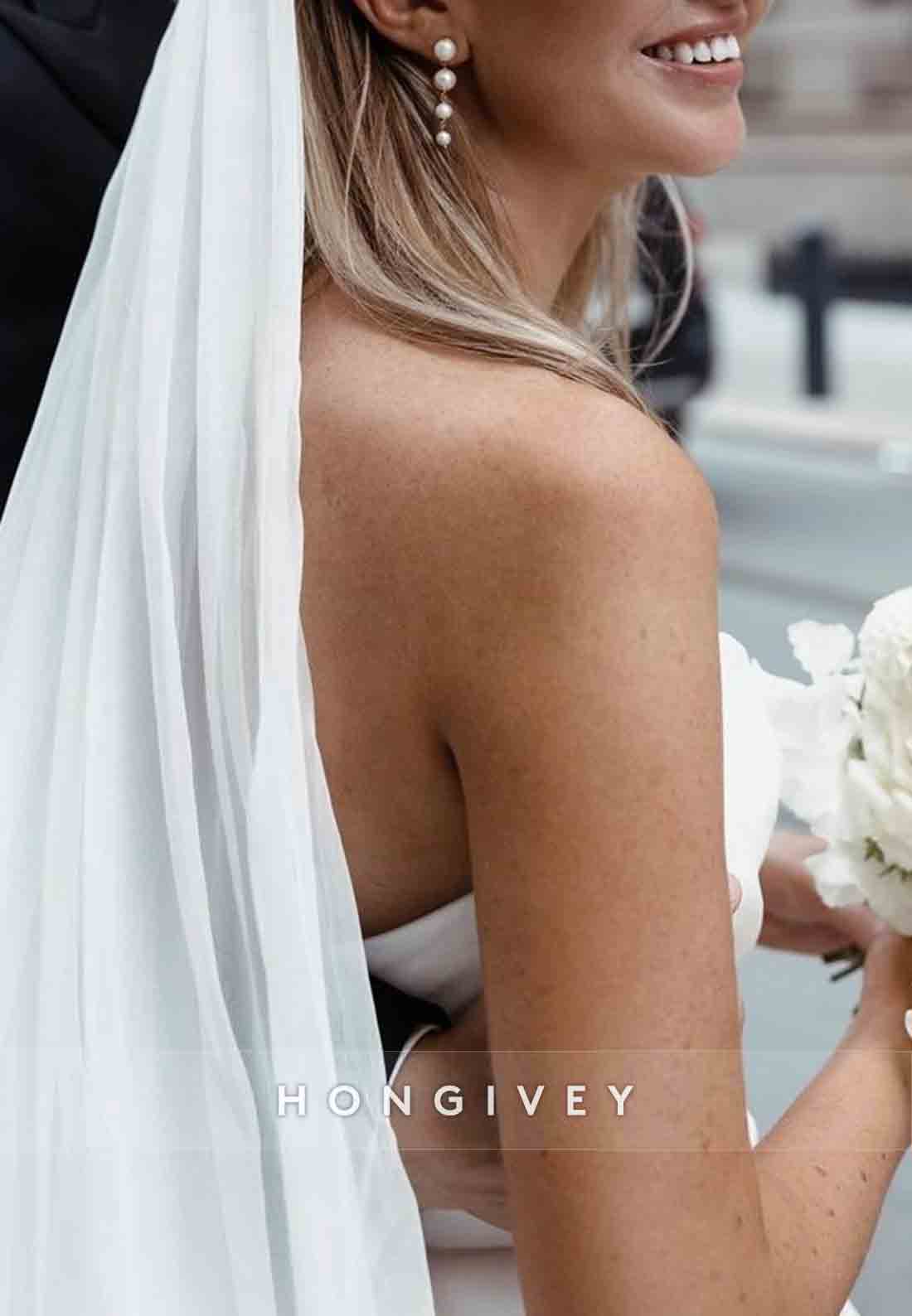 High Slit Satin Pleated A-line Court Train Strapless Wedding Dresses