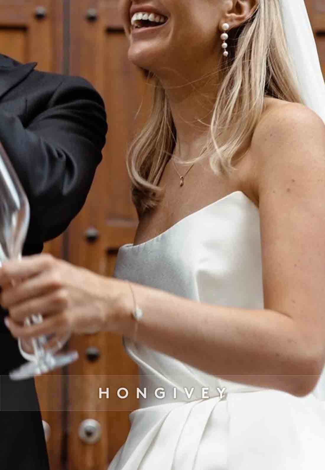 High Slit Satin Pleated A-line Court Train Strapless Wedding Dresses