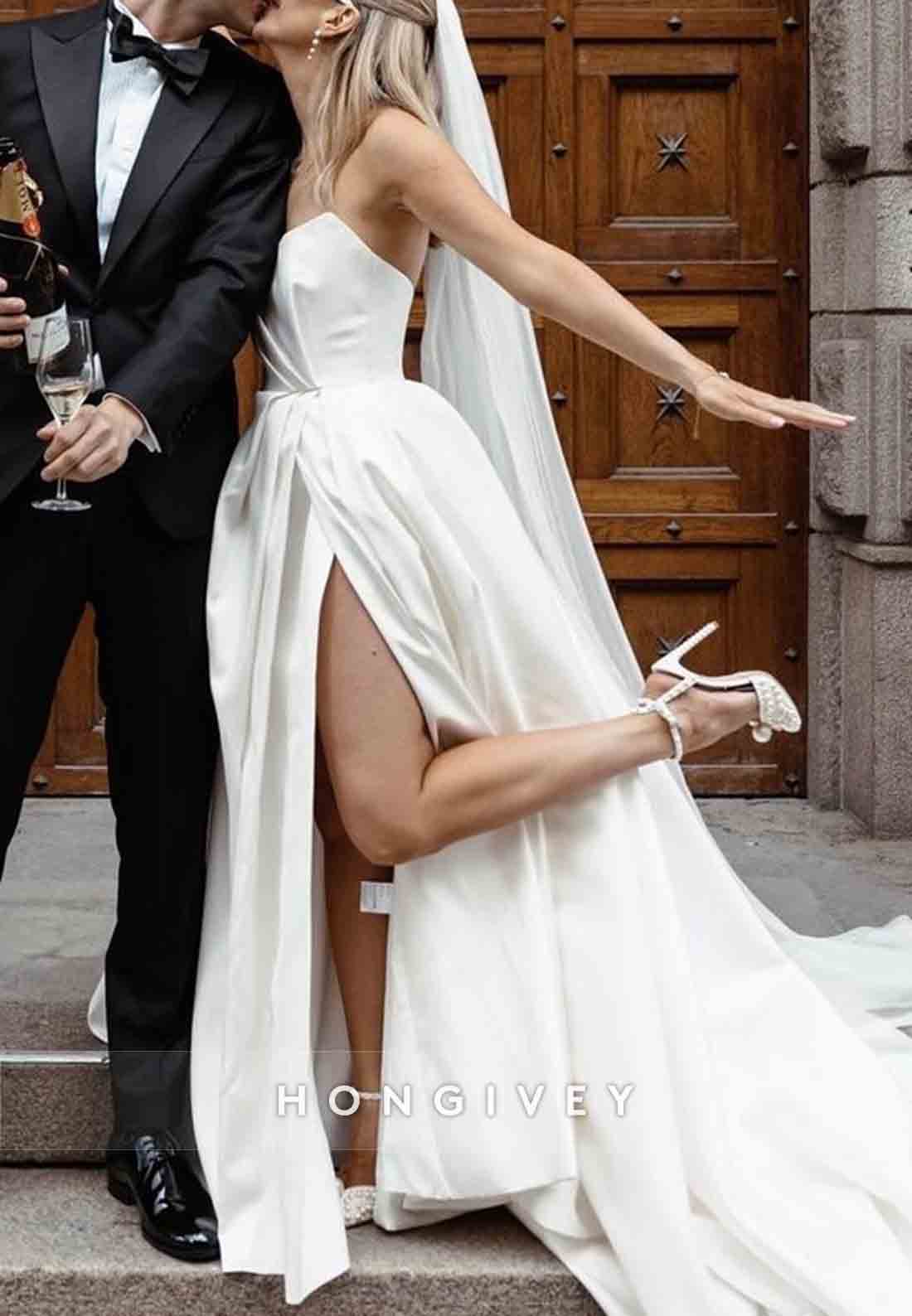 High Slit Satin Pleated A-line Court Train Strapless Wedding Dresses