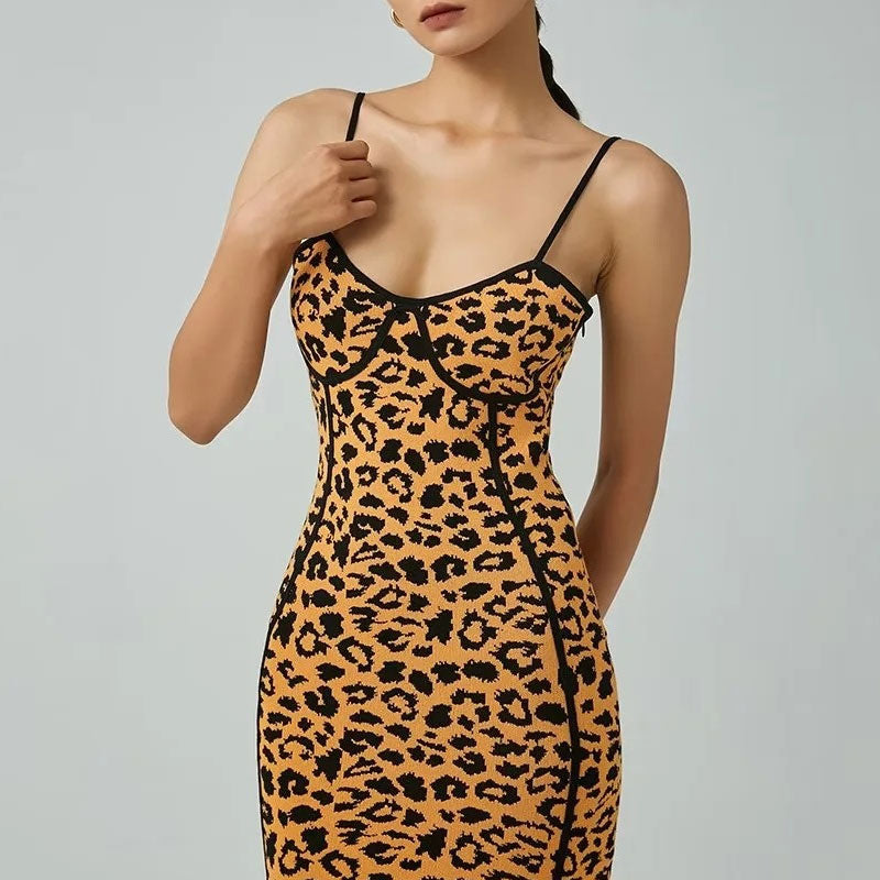 Alluring Sleeveless Bodycon Leopard Sweater Midi Dress - Leopard 2