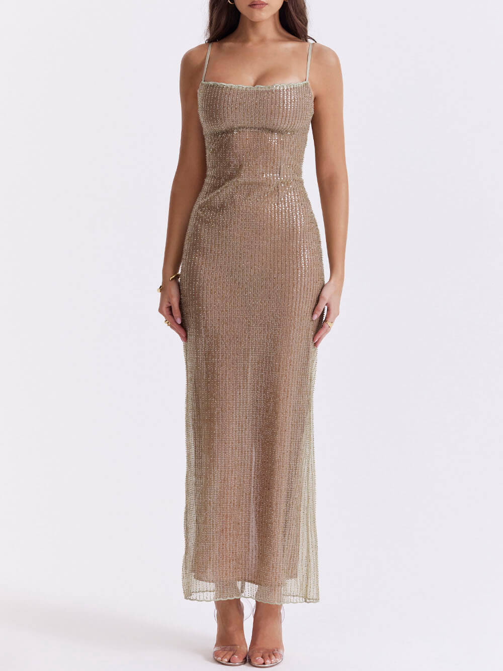 Cafe Au Lait Beaded Maxi Dress - Fashionpara