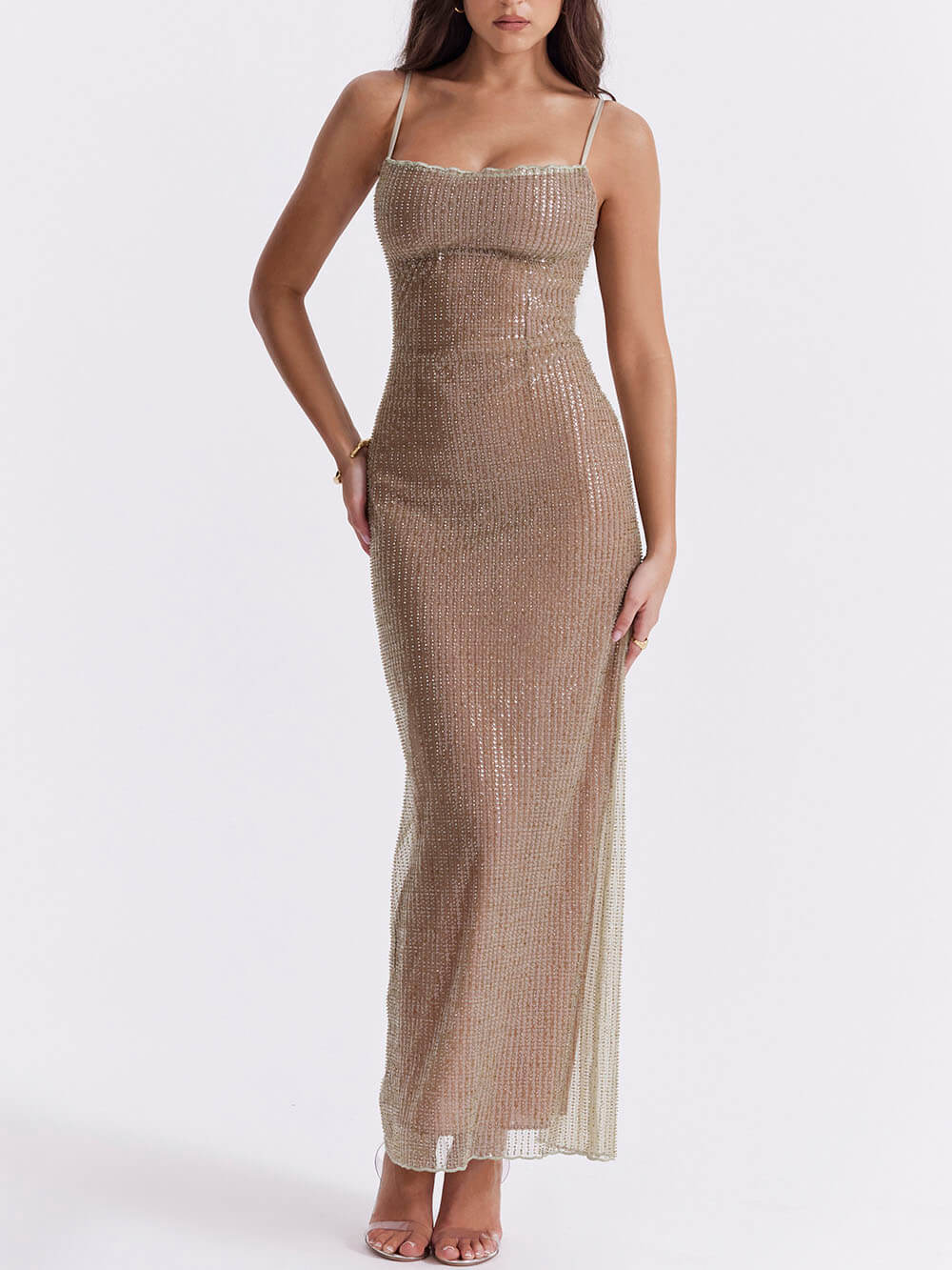 Cafe Au Lait Beaded Maxi Dress - Fashionpara