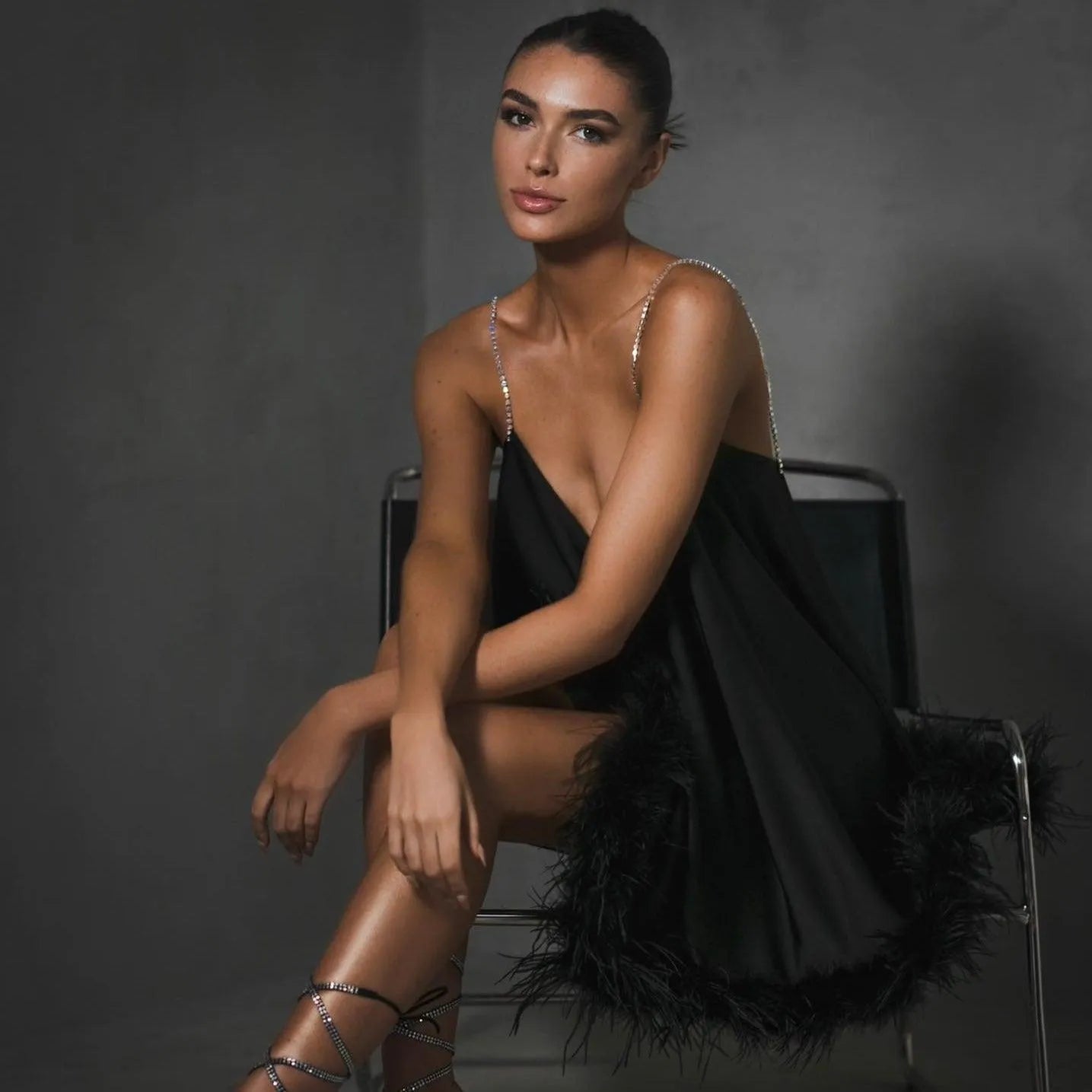 Always Love Feather Trim Chain Strap Mini Dress
