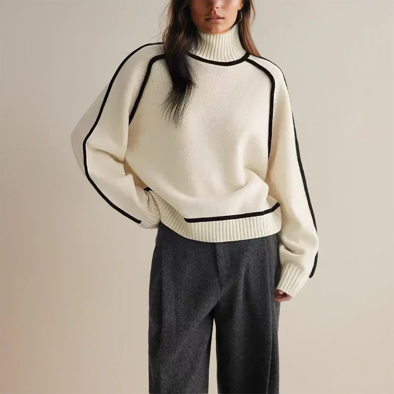 Turtleneck Long Sleeve Contrast Piped Oversized Sweater 3