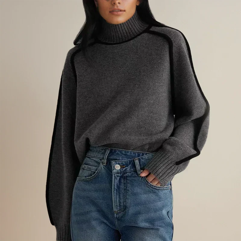 Turtleneck Long Sleeve Contrast Piped Oversized Sweater