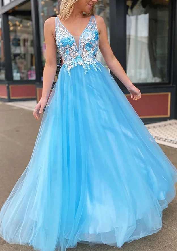 Amazing A-Line/Princess V-Neck Sleeveless Tulle Long/Floor-Length Prom Dress/Evening Dress With Appliqued - Fashionpara