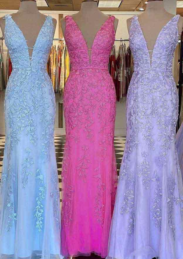 Amazing Laced Tulle Prom Dress/Evening Dress with Beading - Sheath/Column V-Neck Sleeveless Long/Floor-Length - Fashionpara