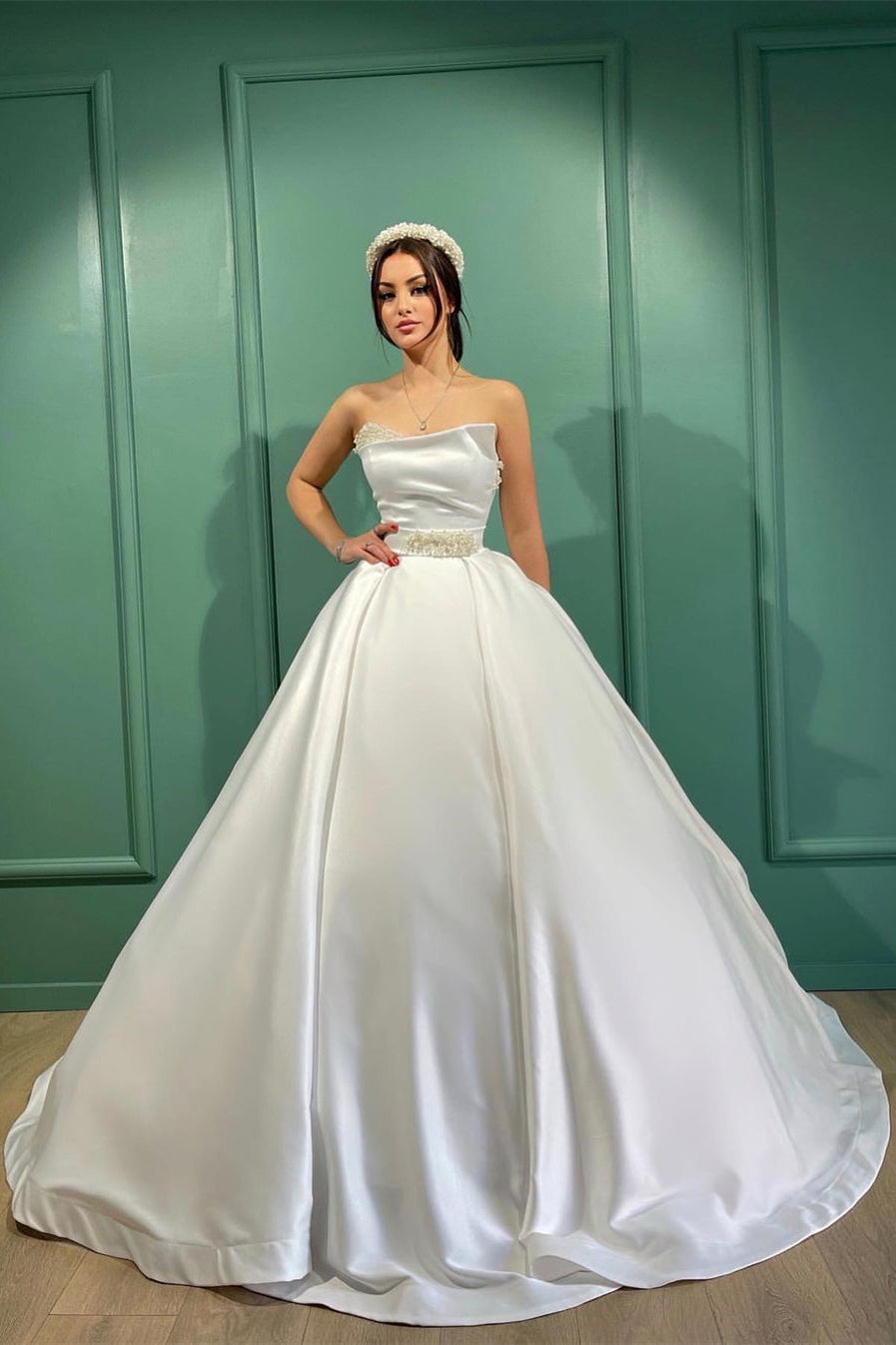 Amazing Ivory A-line Strapless Pearl-Embellished Wedding Dress - Fashionpara