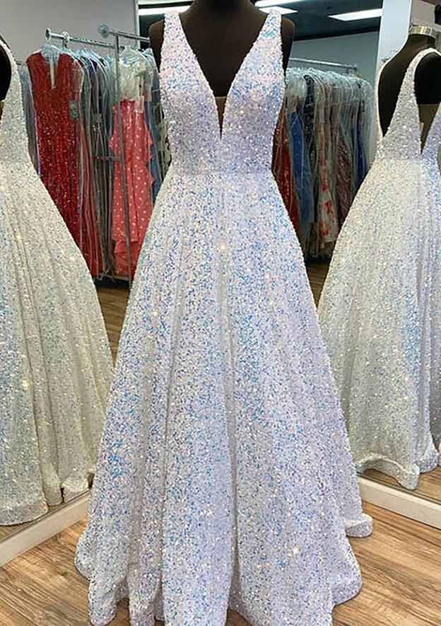 Amazing Princess A-Line V-Neck Sleeveless Velvet Sequins Long Prom Dress/Evening Dress With Pockets - Fashionpara