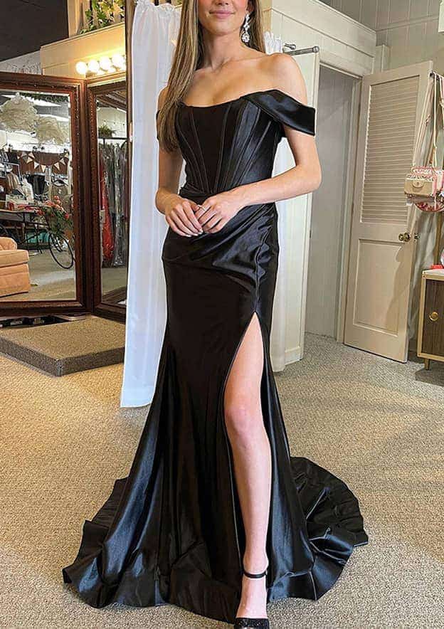 Amazing Satin Trumpet/Mermaid Split Prom Dress/Evening Dress with Off-the-Shoulder Straps and Pleated Court Train - Fashionpara