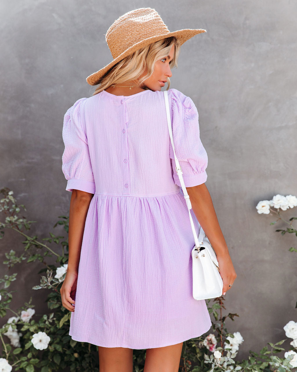Amber Cotton Pocketed Puff Sleeve Dress - Lavender - Fashionpara