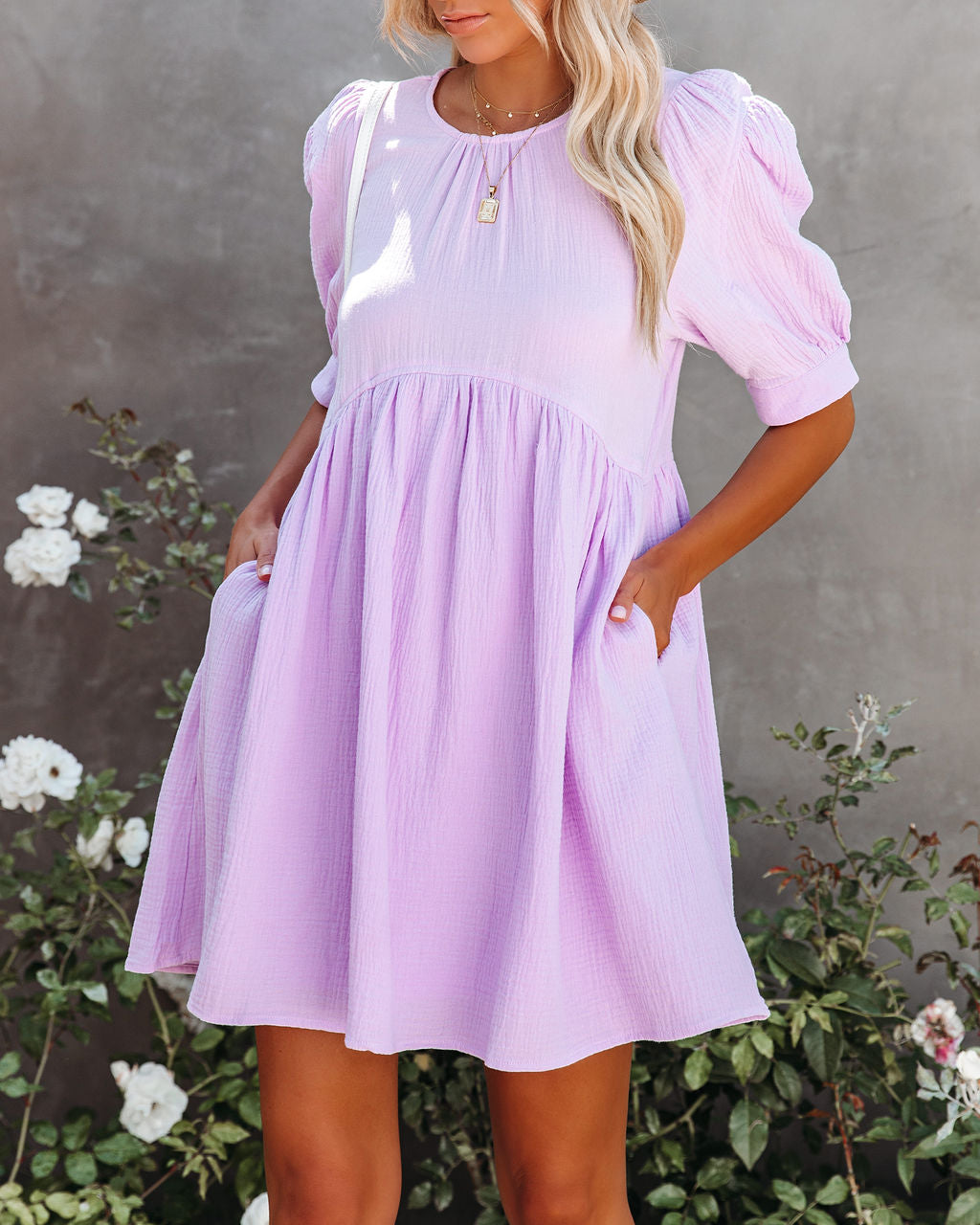 Amber Cotton Pocketed Puff Sleeve Dress - Lavender - Fashionpara