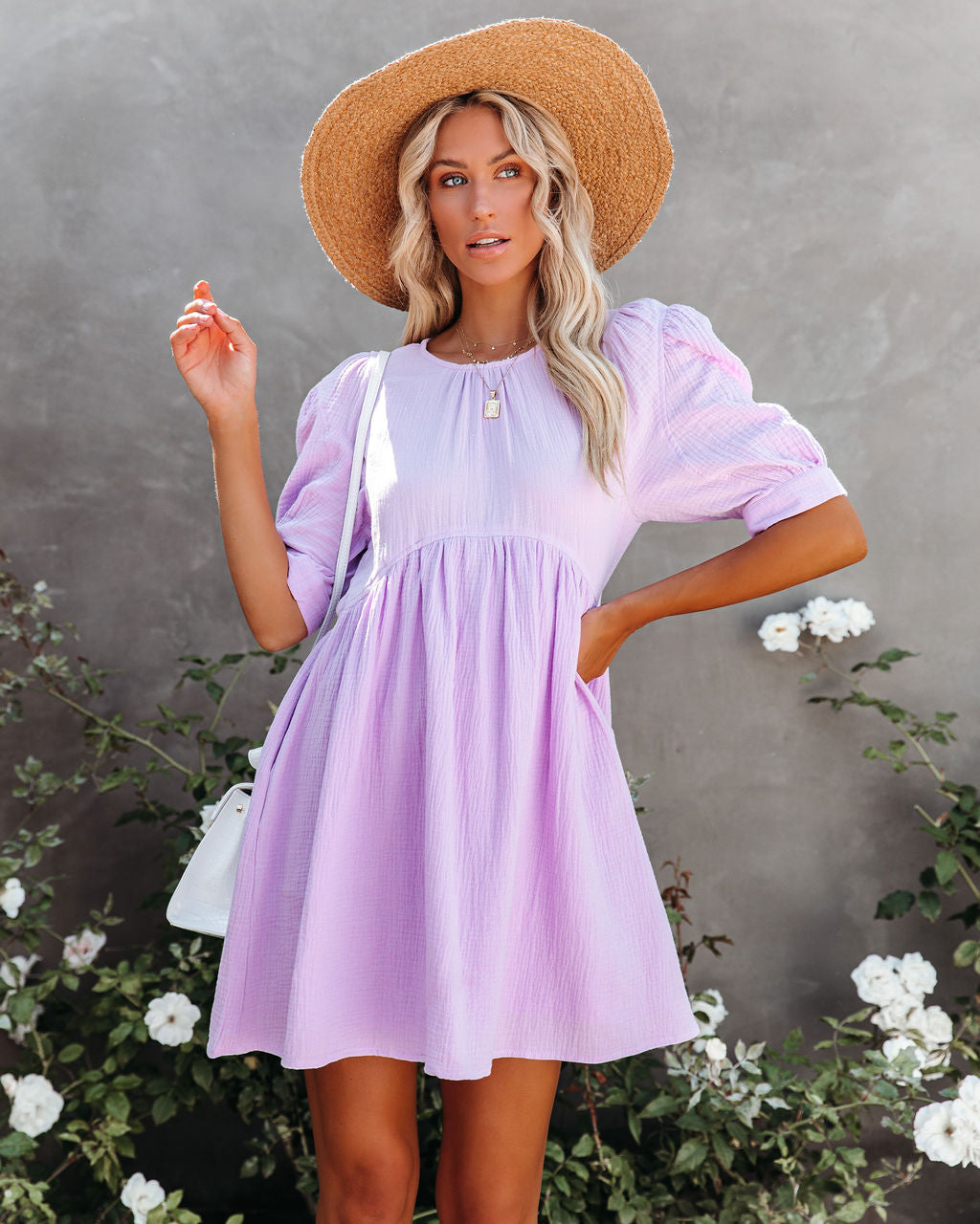 Amber Cotton Pocketed Puff Sleeve Dress - Lavender - Fashionpara