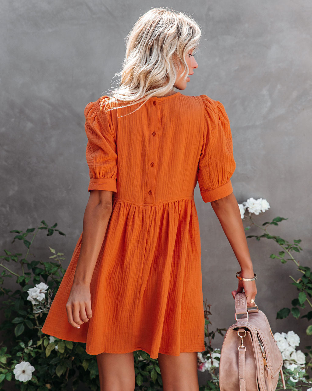 Amber Cotton Pocketed Puff Sleeve Dress - Orange - Fashionpara