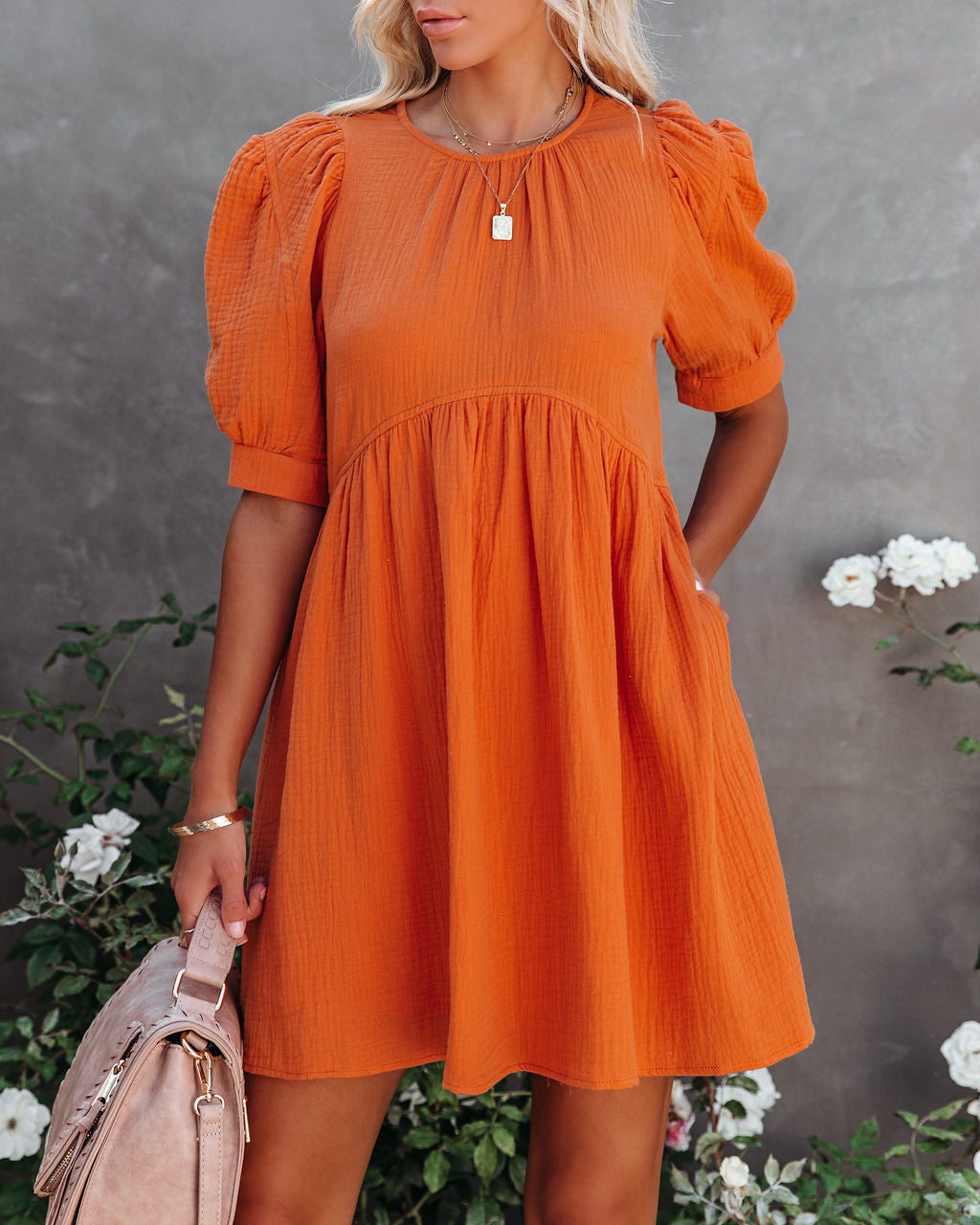 Amber Cotton Pocketed Puff Sleeve Dress - Orange - Fashionpara