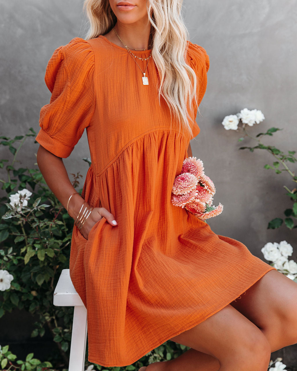 Amber Cotton Pocketed Puff Sleeve Dress - Orange - Fashionpara