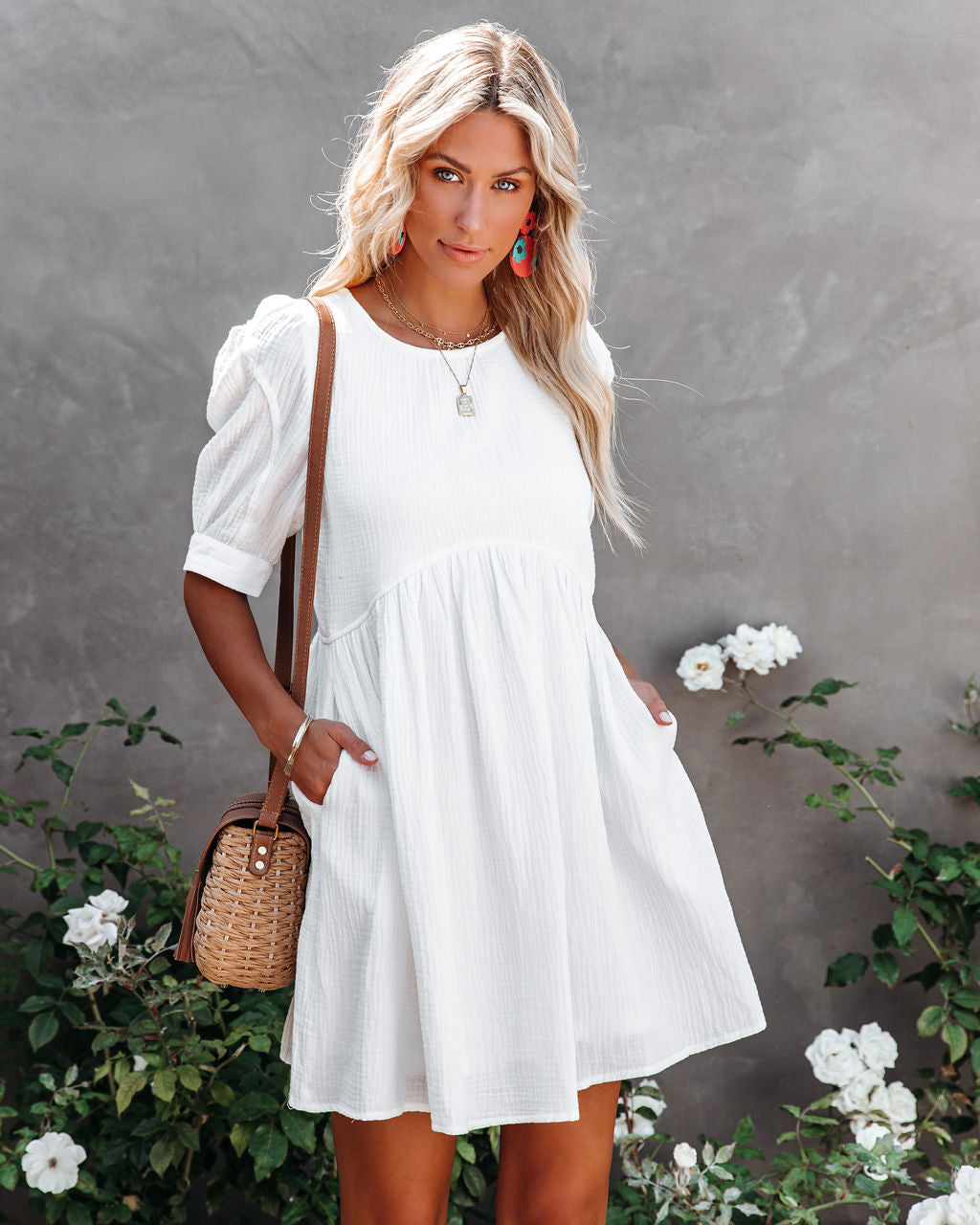 Amber Cotton Pocketed Puff Sleeve Dress - White - Fashionpara