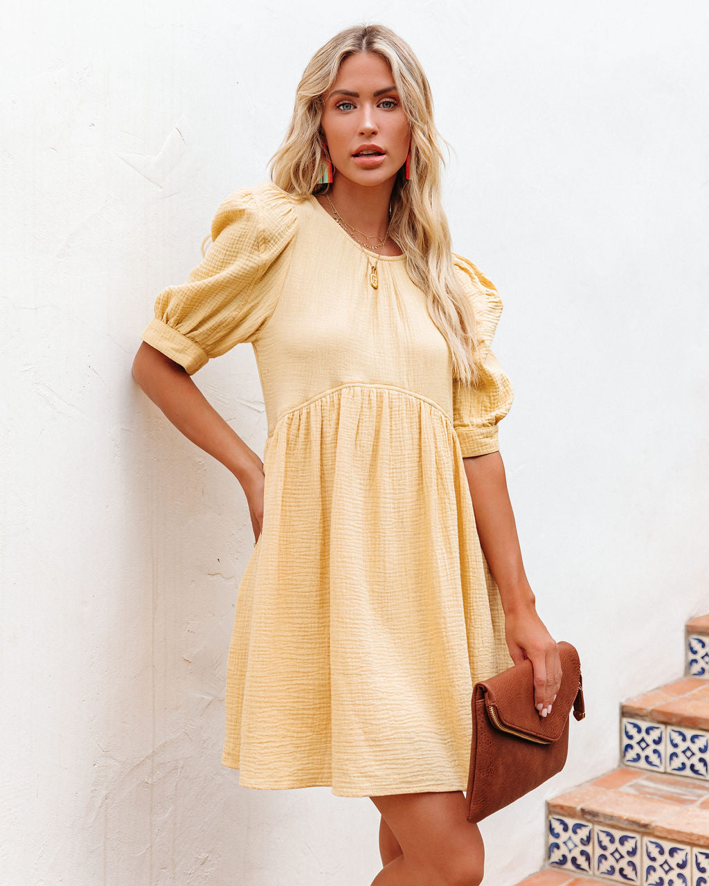 Textured Crew Neck Puff Sleeve Babydoll Mini Dress