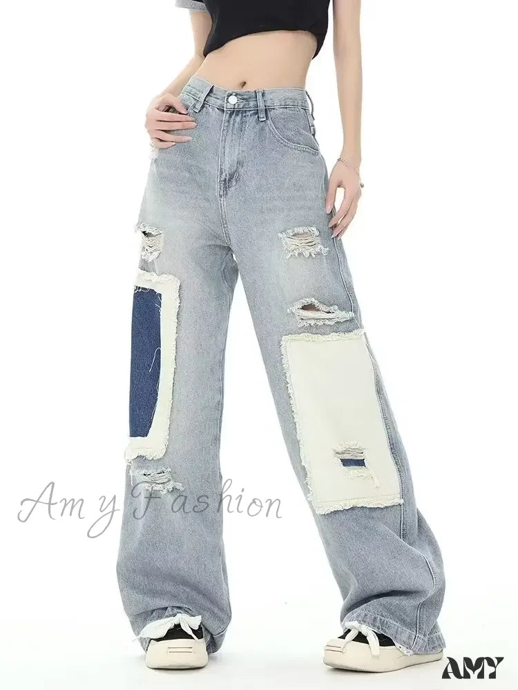 Amy Fashion - Broken Hole Patch Summer Crowd High Waist Loose Straight Leg Women's Jean