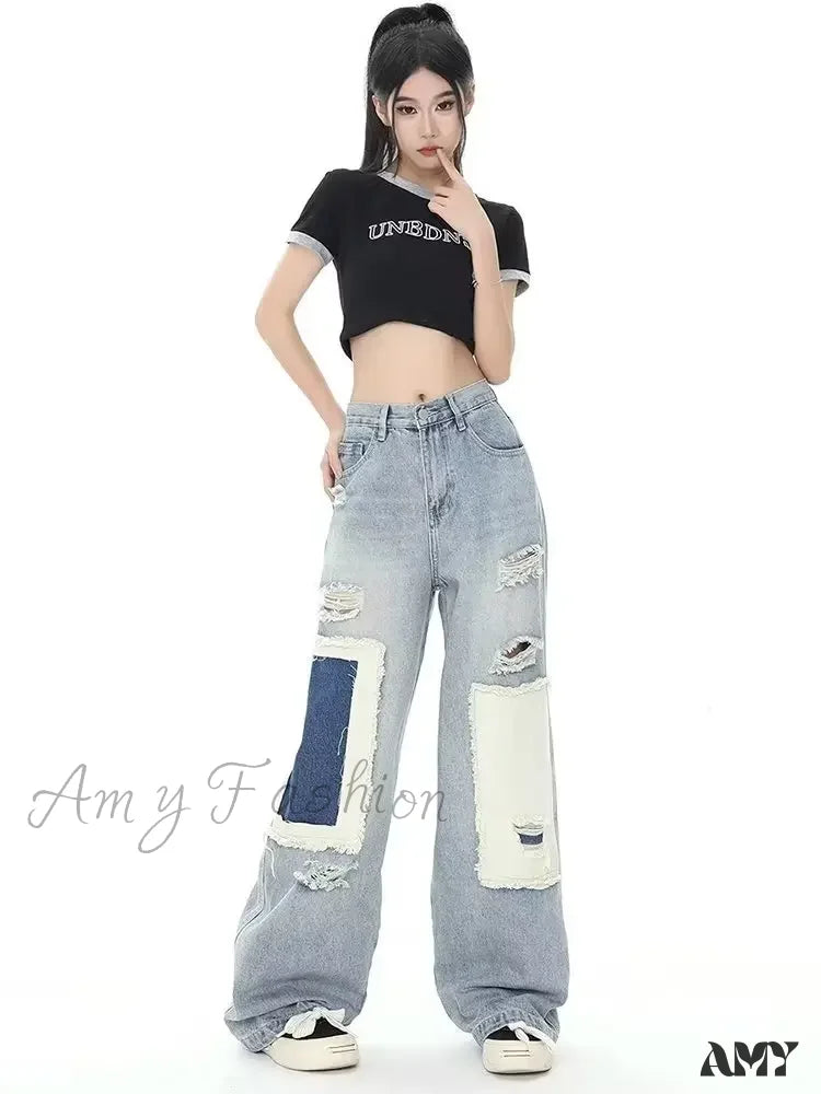 Amy Fashion - Broken Hole Patch Summer Crowd High Waist Loose Straight Leg Women's Jean
