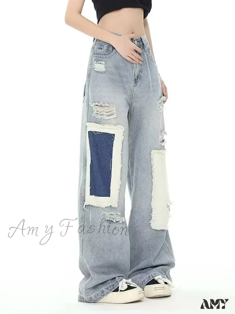 Amy Fashion - Broken Hole Patch Summer Crowd High Waist Loose Straight Leg Women's Jean