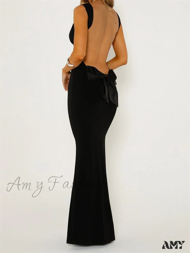 Amy Fashion - Elegant Women Bow Patchwork Sleeveless V-neck Low Cut Backless Solid Cocktail Party Formal Vestidos