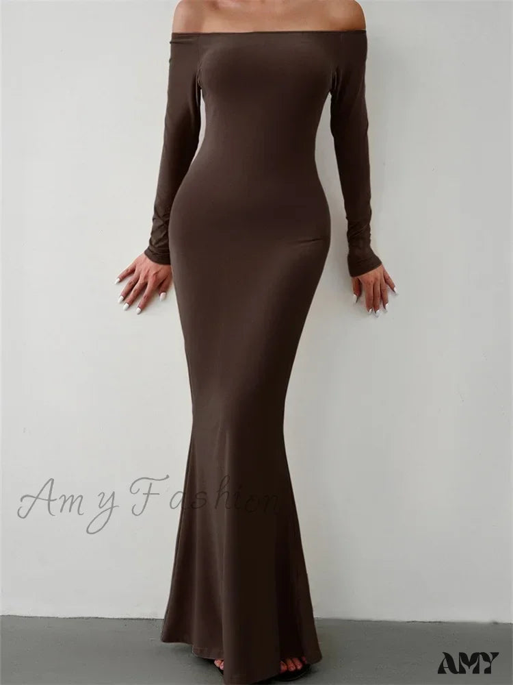 Amy Fashion - Elegant Women Sleeve Trumpet Solid Slash Neck Off-Shoulder Party Beach Cocktail Club Streetwear