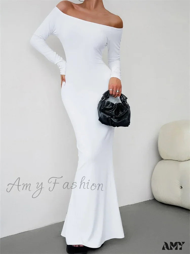 Amy Fashion - Elegant Women Sleeve Trumpet Solid Slash Neck Off-Shoulder Party Beach Cocktail Club Streetwear
