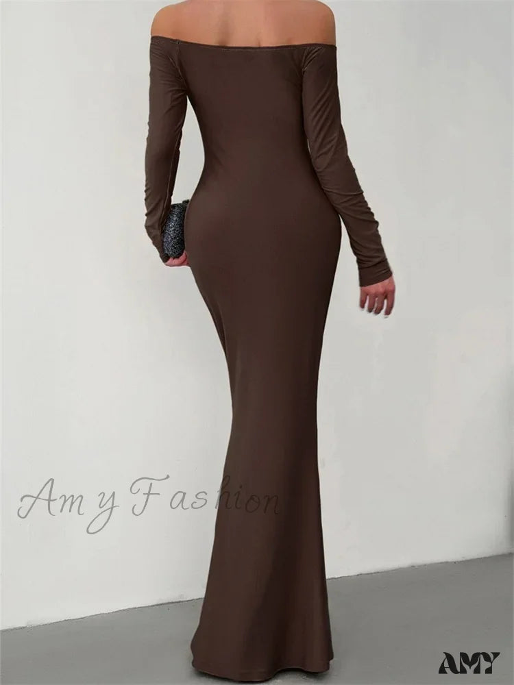 Amy Fashion - Elegant Women Sleeve Trumpet Solid Slash Neck Off-Shoulder Party Beach Cocktail Club Streetwear