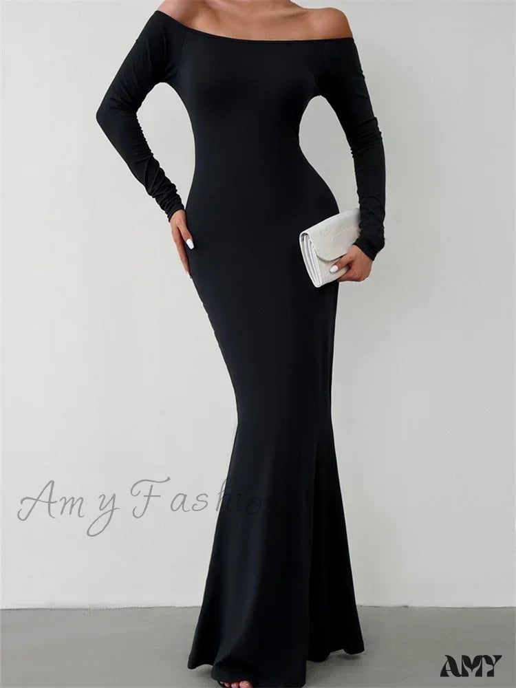 Amy Fashion - Elegant Women Sleeve Trumpet Solid Slash Neck Off-Shoulder Party Beach Cocktail Club Streetwear