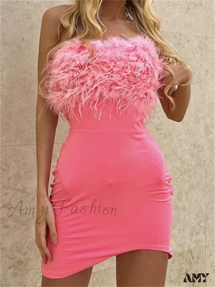 Feather-Trim Strapless Bodycon Pencil Mini Dress 3