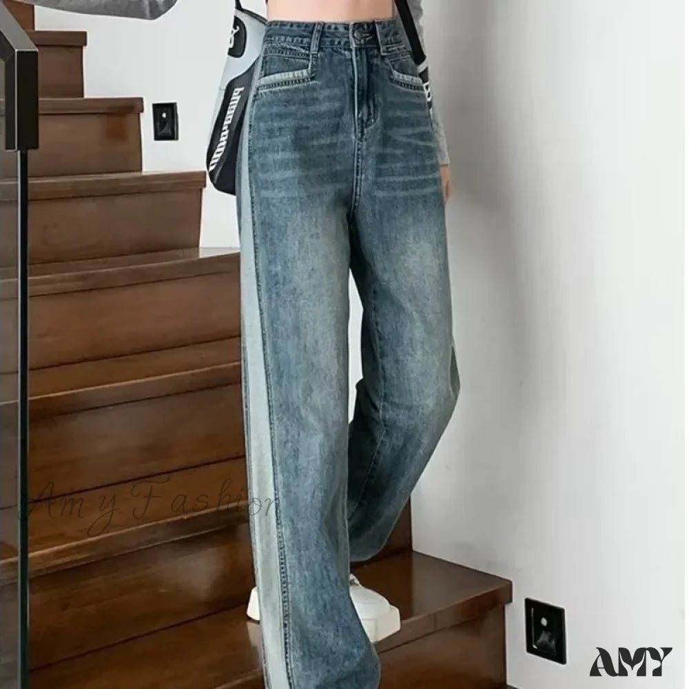 Amy Fashion - INS Zipper Versatile Japanese Washable New Style Spring And Autumn Natural Waist Wide Leg Fashion Jean