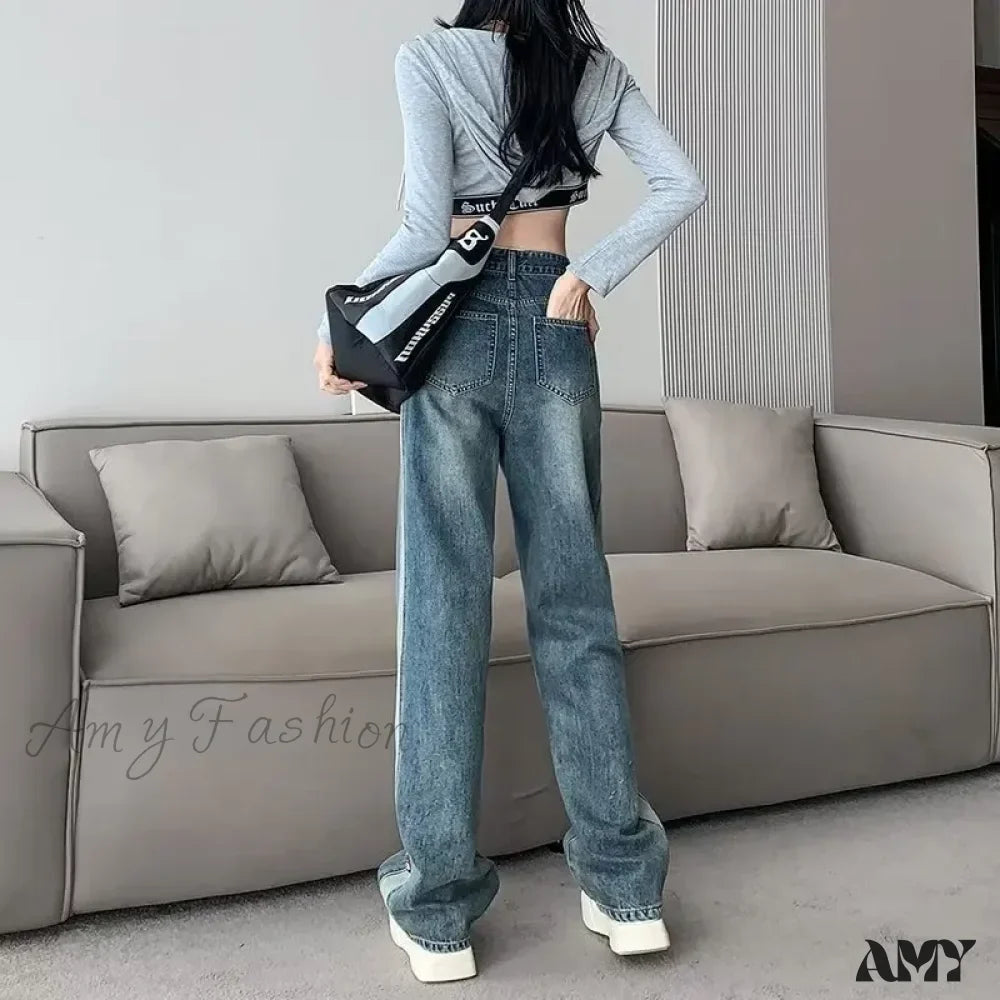 Amy Fashion - INS Zipper Versatile Japanese Washable New Style Spring And Autumn Natural Waist Wide Leg Fashion Jean