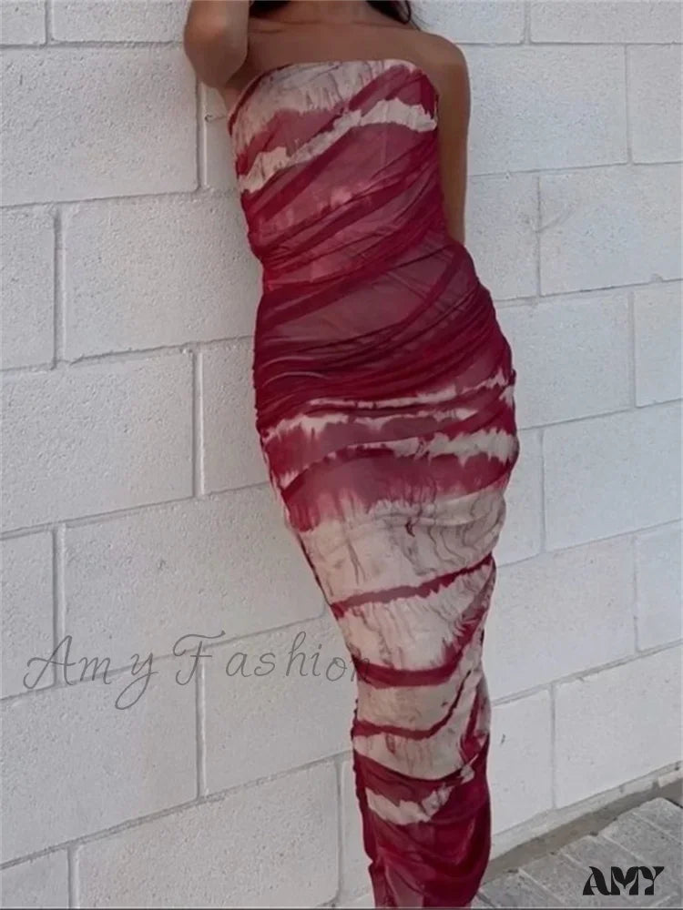 Tie-Dye Print Strapless Ruched Bodycon Maxi Dress