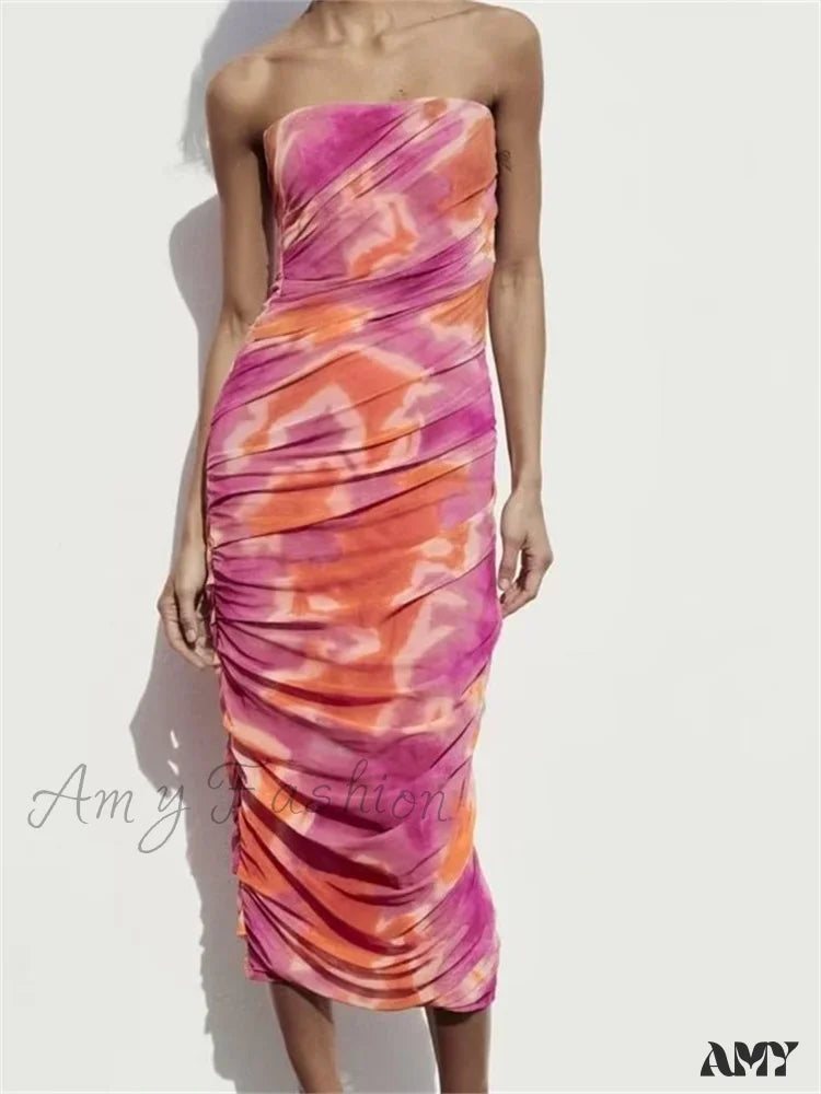 Tie-Dye Print Strapless Ruched Bodycon Maxi Dress 7