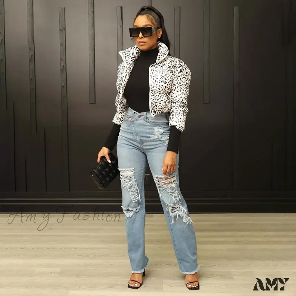 Amy Fashion - Irregular Waist Straight Leg High Street Loose Ripped Holes Casual Fashion Stretchy Jean