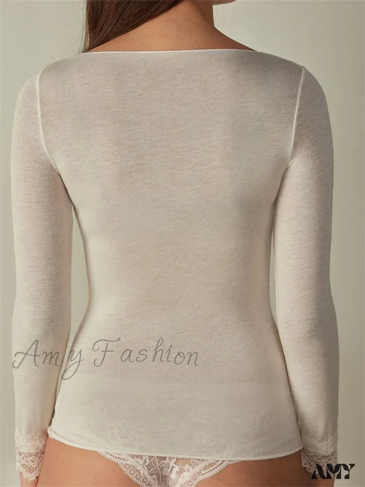 Amy Fashion - Lace Patchwork Long Sleeve V-neck Casual T-shirts