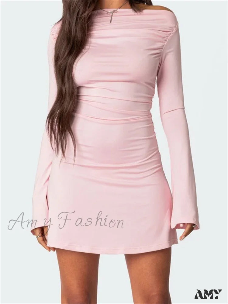 Off-Shoulder Flare-Sleeve Ruched A-Line Mini Dress 2