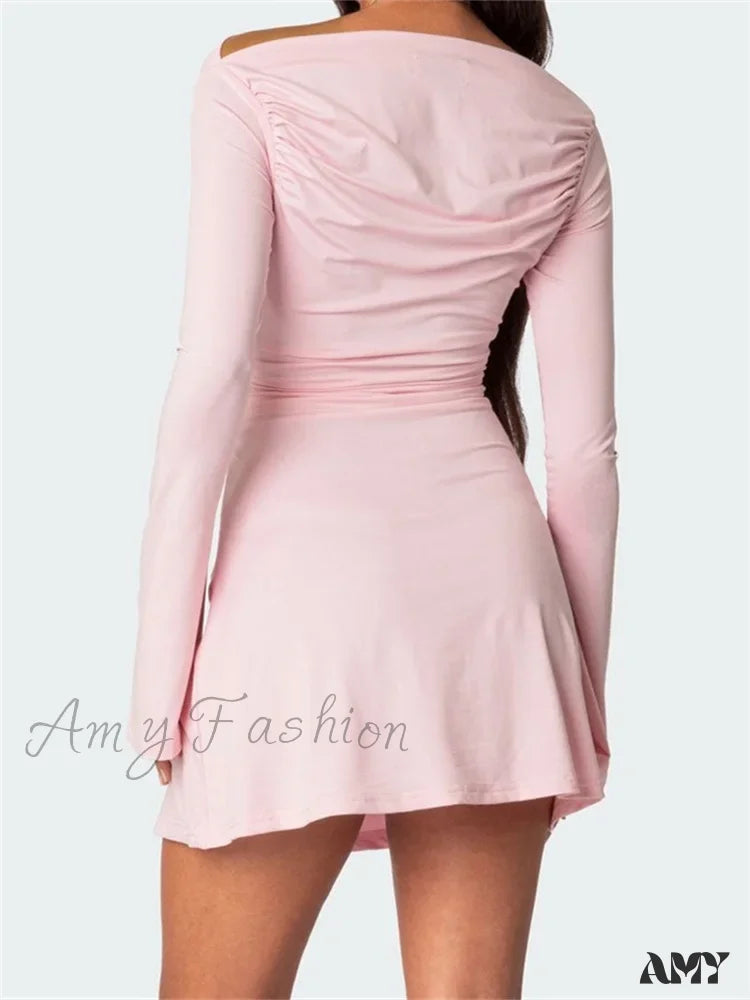 Off-Shoulder Flare-Sleeve Ruched A-Line Mini Dress 4
